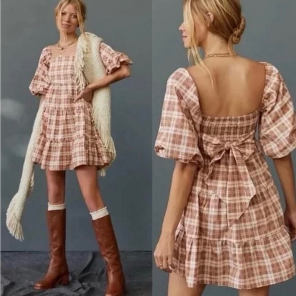 Faithfull the Brand Dresses & Skirts - Faithful The Brand Eryn Brown Gingham Puffed Sleeves Plaid Dress Medium M